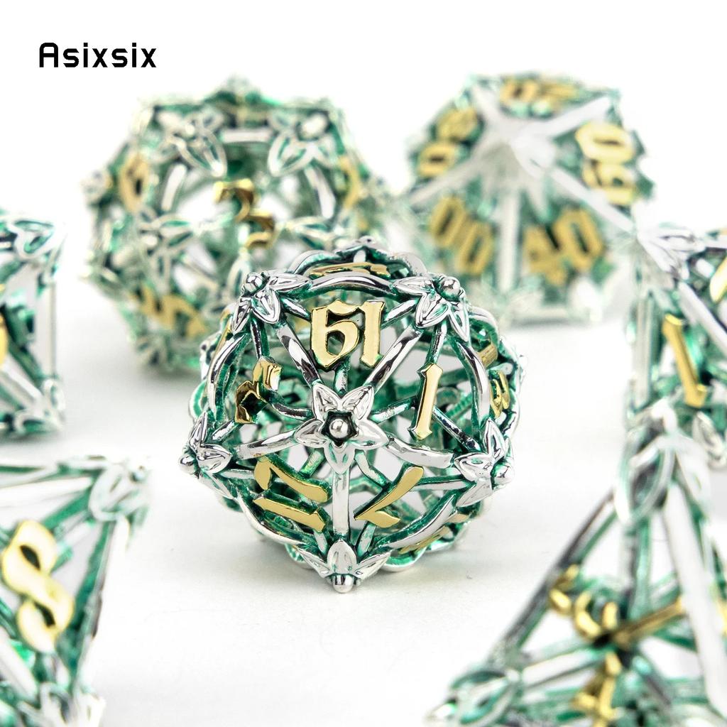 7 Pcs Silver Green Leaf Flower Metal Dice Hollow Metal Polyhedral Dice Set Suitable For Role-Playing Dice PropBoard Game Gift