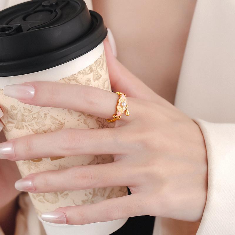 Peony Pink Fashionable Copper Ring Vintage Style Adjustable Open Floral Jewelry