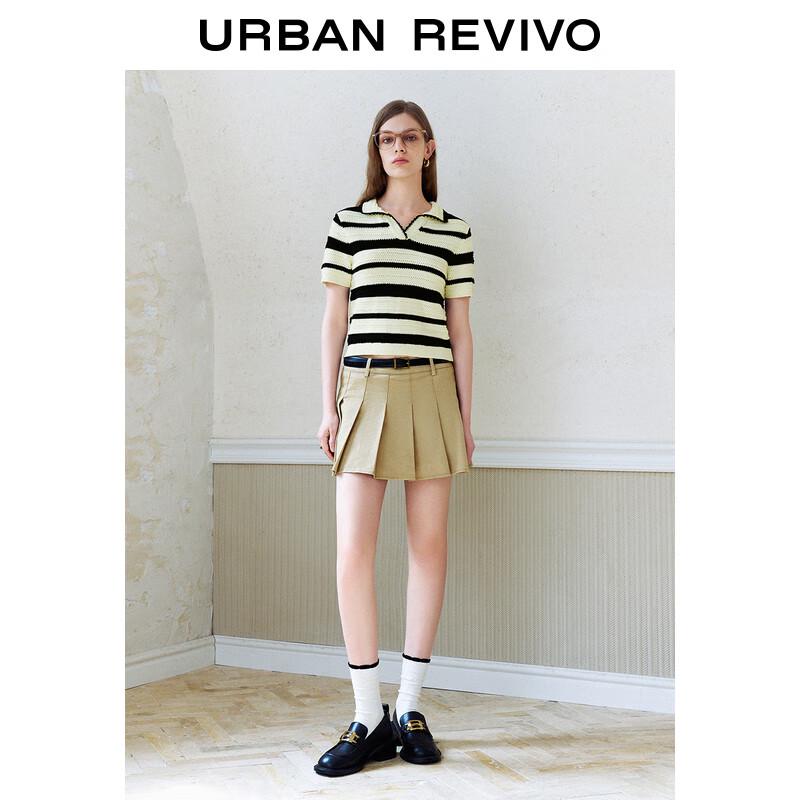 UR 2024 Autumn Women's Color-block Stripe Textured Short Sleeve Knit Top