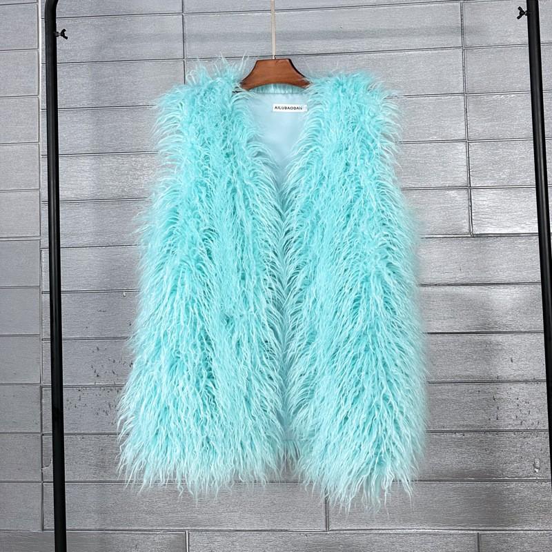 Plus Size Faux Shearling Vest Mid-Length Fur Coat Warm Sleeveless Jacket Women