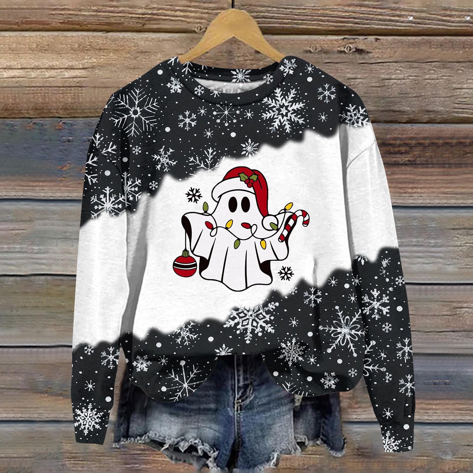 

Женская мода рождественский принт длинный рукав свободный круглый вырез толстовка топ осень S чёрный