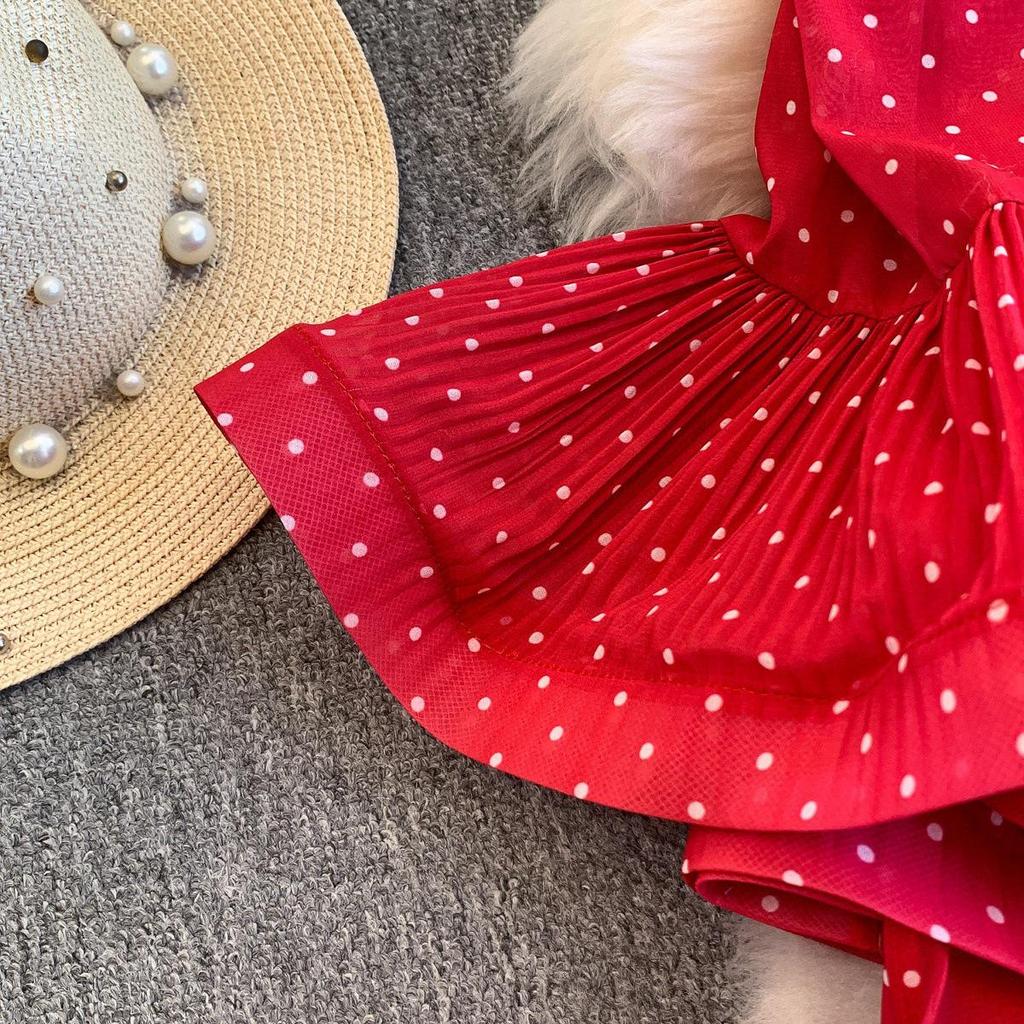 Elegant Polka Dot Ruffle Dress - Women's Spring/Summer Tie-Waist Long Sleeve Skirt