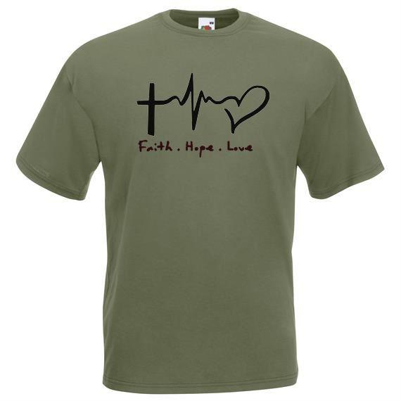 Adults Faith Hope Love Christ Catholic Religious Quote Unisex Olive TShirt 2XL