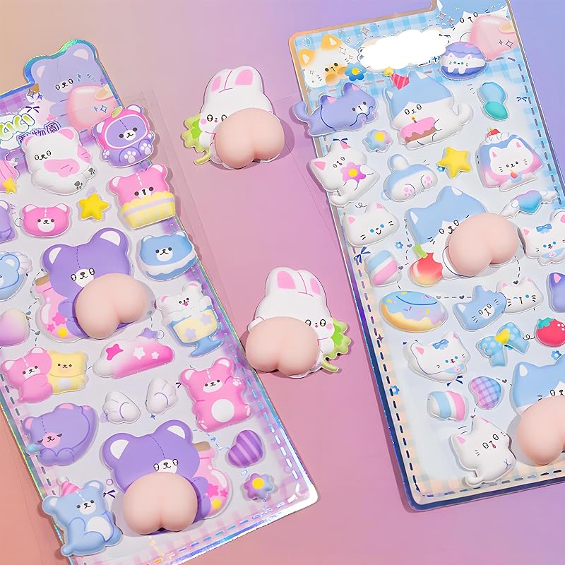 Cute Puffy Butt Stickers, Animal Stickers, 4 Stickers per Sheet, Fluffy and Squishy Panda 3D Decals for Kids' Diaries, Planners, Girls' DIY Water