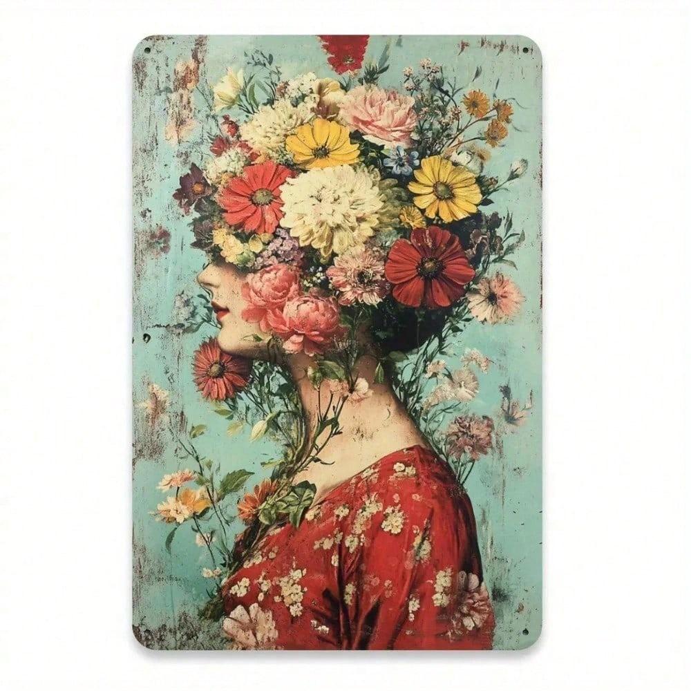 

Vintage Woman Flowers Metal Poster Wall Art Garden Home Decor