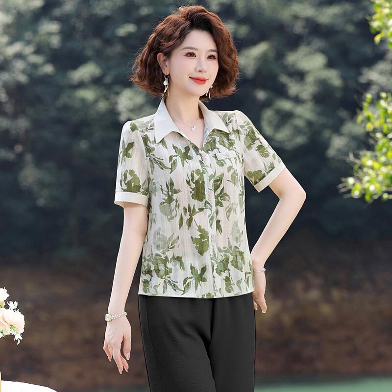 Women s Elegant Floral Short Sleeve Chiffon Blouse 4XL
