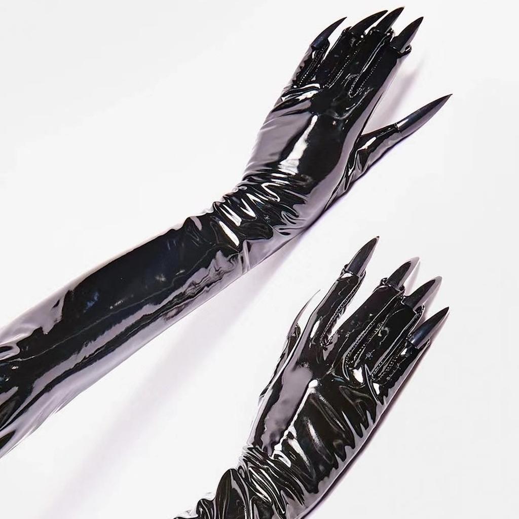 Fashionable Women's Patent Leather Gloves Glossy Long Nail Claw Witch Gloves for Roleplaying Game and Theme Occasion