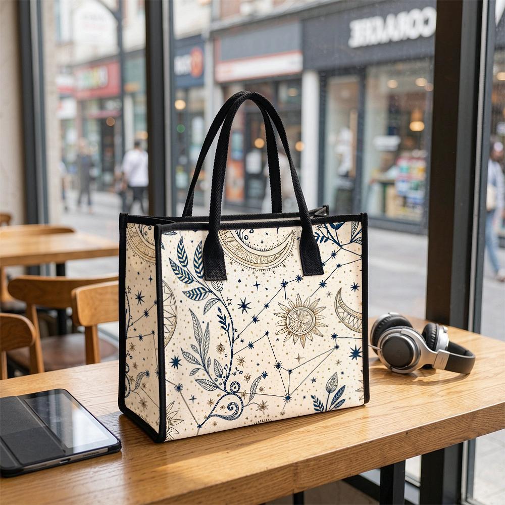 Boho Celestial Moon Sun Print Large Tote Bag Casual Daily Portable Shopping Shoulder Bag for Women
