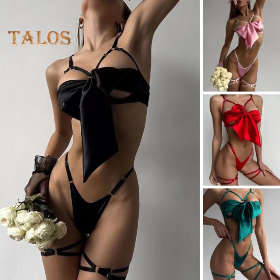 1 Set Women Bra Panties Thigh Ring Set Bow-knot Decor Sleeveless Backless Low-cut Pornographic Romantic Night Nightie Bra Briefs Set Wedding Night