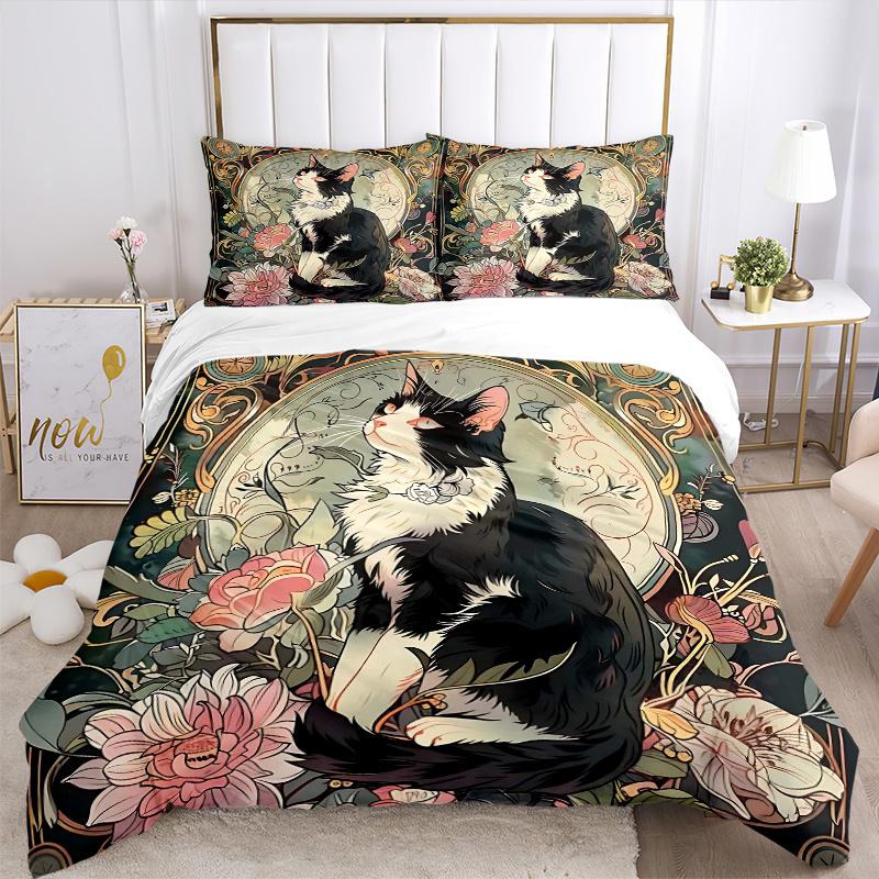 3pcs Black and White Cat Bedding Set, Includes 1 Quilt Cover and 2 Pillowcases, Comfortable Bedding with Stylish Design for Bedroom