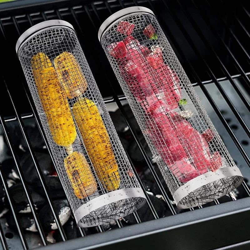 BBQ Grillkorb Edelstahl Rollgrillkorb Drahtgeflecht Zylinder Zylindrisch Tragbar Rund Outdoor Camping Grillgestell