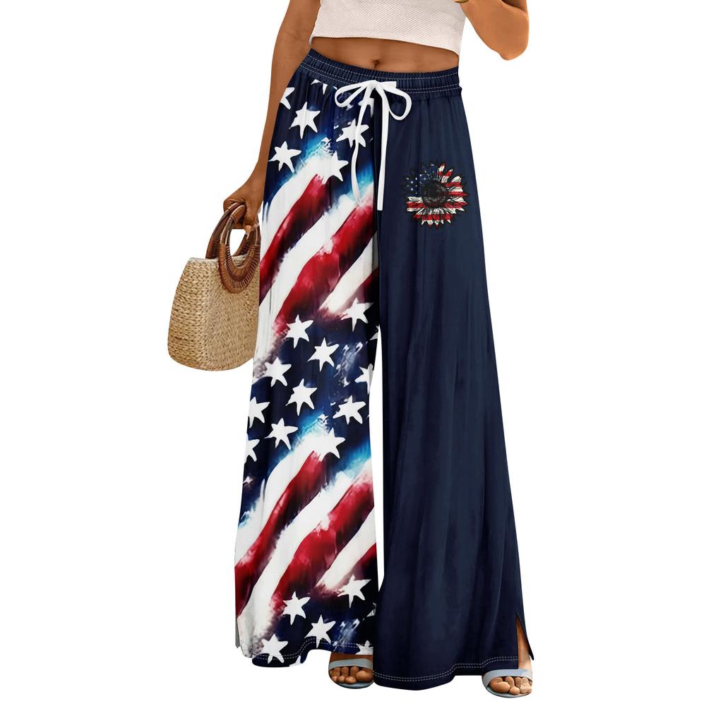 Women Summer Boho Palazzo Pants High Waist Wide Leg Independence Printing Casual Trousers With Pockets