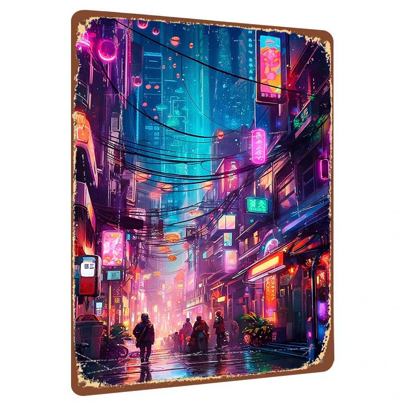 

Cyberpunk City Neon Night View Metal Iron Painting Living Room Study Decorative Mural Wall Art Unframed Painting 20x30cm（7.8x11.8inch）