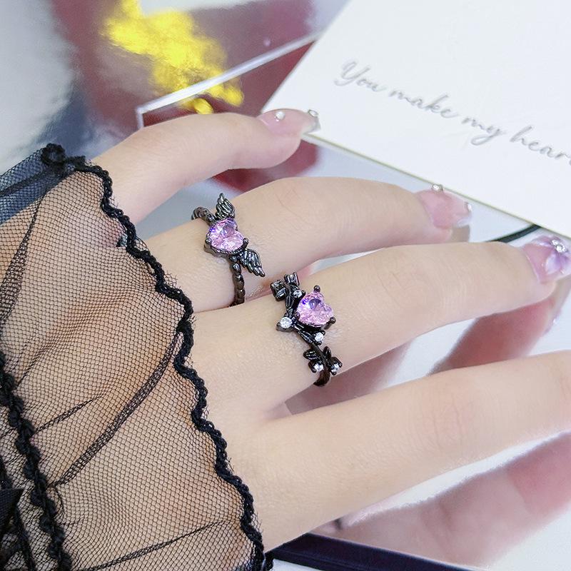 Dark Sweet Cool Pink Zircon Love Open Ring Punk Stacked Wear Personality Niche High Sense Girlfriend Ring Girl