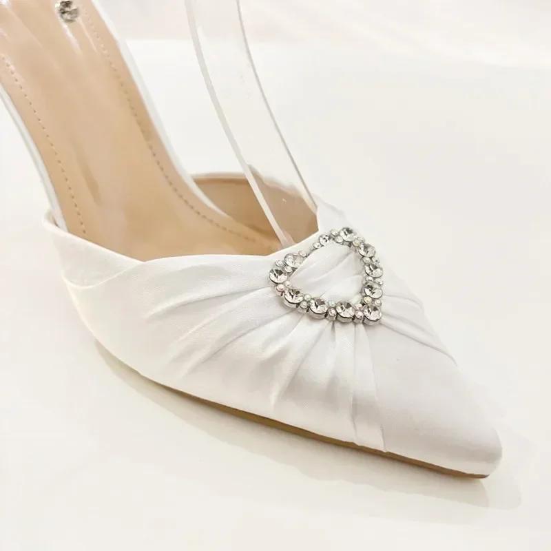 Fashion Bling Rhinestone Heart Design Brand Pumps Women Sexy Pointed Toe Ankle Strap High Heeled Sandals Elegant Satin Zapatos De Mujer
