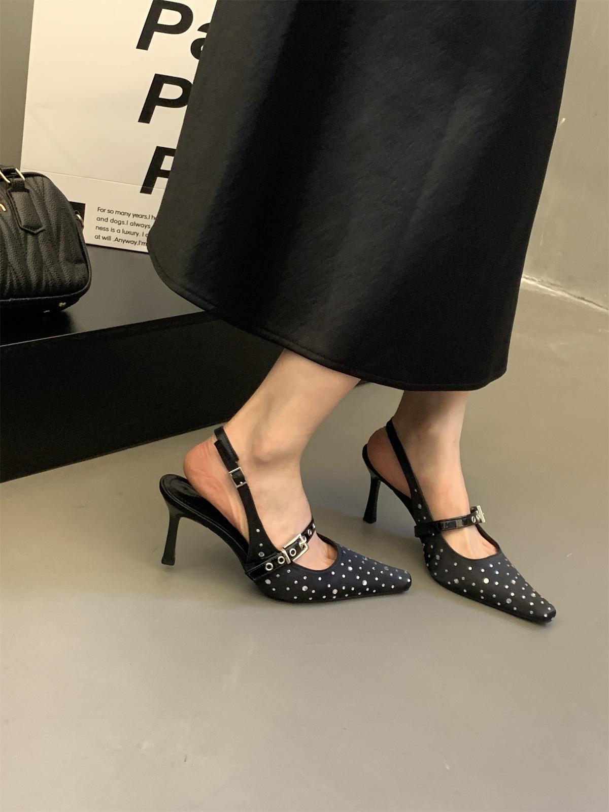 

Французский темперамент острый носок атласная пряжка ремешка туфли Мэри Джейн женские 2025 весна баотоу стразы туфли на высоком каблуке 40 чёрный