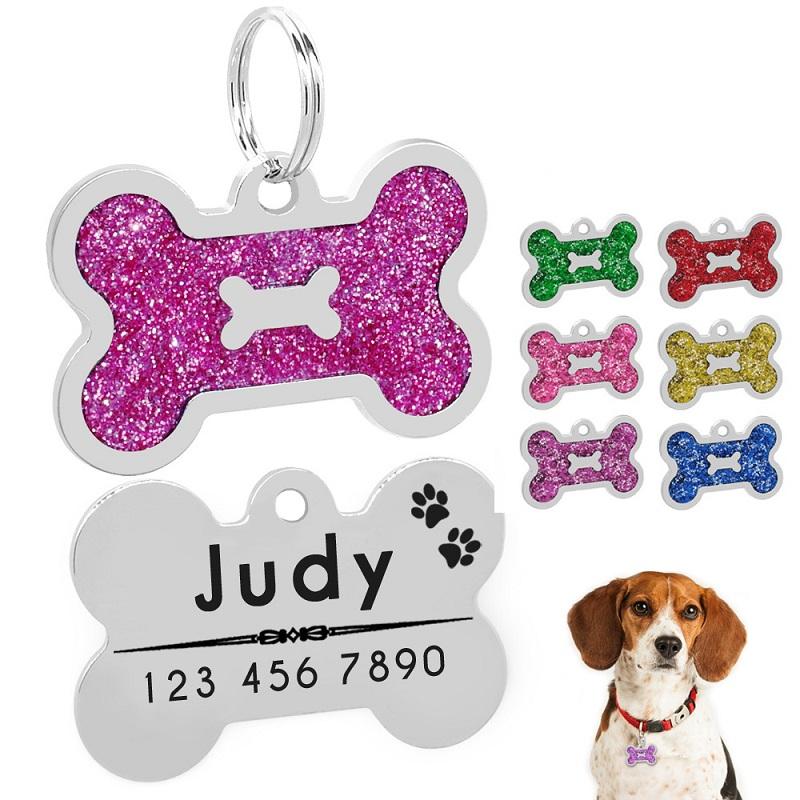Dog Cat ID Tag Glitter Dogs Cats Name Pendant Tags Personalized Pet Collar Accessories Anti-lost Bone&Paw Tags for Small Dog Cat