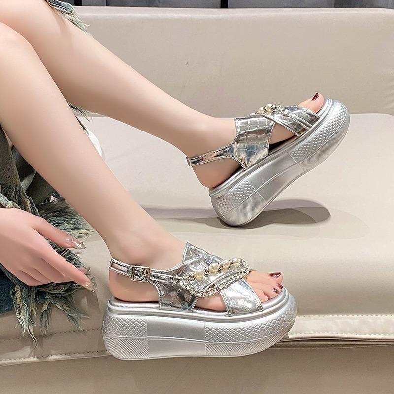 Fashion 7.5cm Women's String Bead Chunky Sandals New Summer Thick Bottom Wedges Beach Slippers Woman Fashion High Platform Sandals Mujer