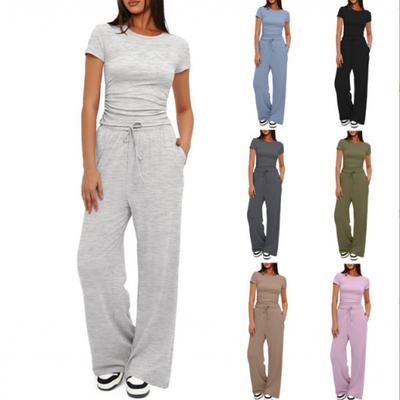 Costum Casual de Vară Femei Tricou Gât Rotund Mânecă Scurtă Top Pantaloni Scurți Set Sexy din Două Piese Pentru Femei