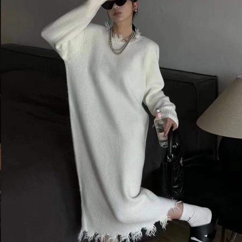 Rochie pulover medie spre lungă, care se potrivește lejer peste genunchi, toamnă și iarnă, noua versiune coreeană, pulover tricotat de bază pentru femei