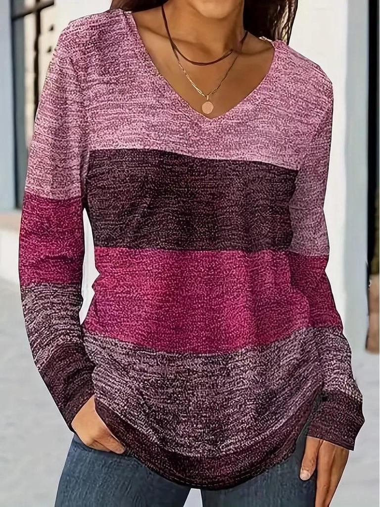 2024 Autumn/Winter Women’s Casual V-neck Color Block Patchwork Long Sleeve Oversized Harajuku Top
