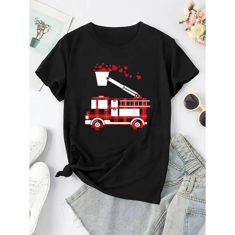 Women's Heart Fire Truck Print Short Sleeve T-Shirt Crew Neck Casual Summer Holiday Top