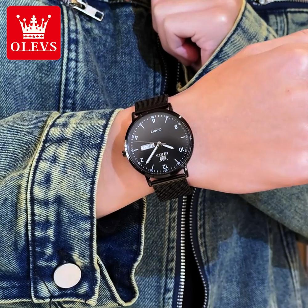 OLEVS Men's Watches Minimalist Fashion Stainless Steel Mesh Strap Original Quartz Wristwatch for Man Arabic Numeral Scale 2996