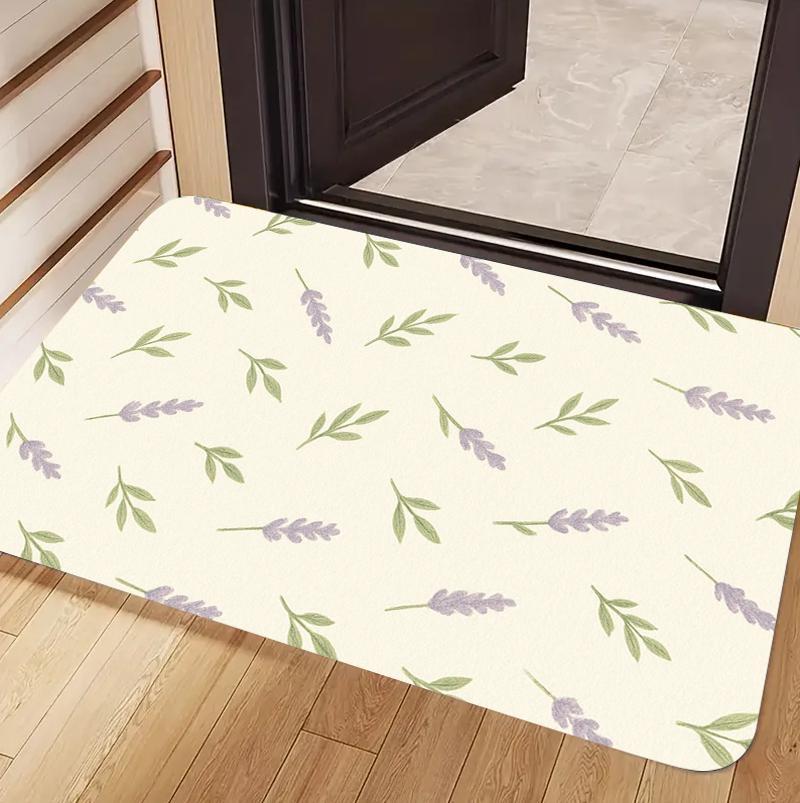 Pastoral Purple Floral Gingham Door Mat Cute Lavender Floral Plaid Print Non-Slip Entryway Rug Sweet Boho Bow Themed Floor Mat