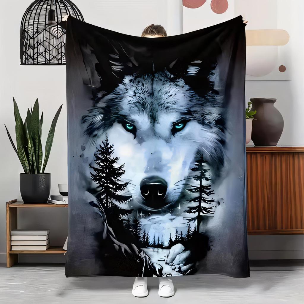 Artistic Wolf Face Blanket Black and White Cozy Throw with Blue Eyes Soft Fabric Large Size Perfect for Home Decor Gift for Natu