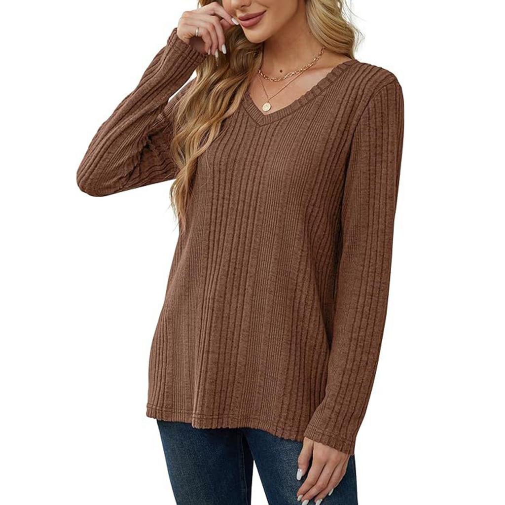 Women's Fashion Casual V-Neck Long Sleeve Color T-Shirt Comfortable Top