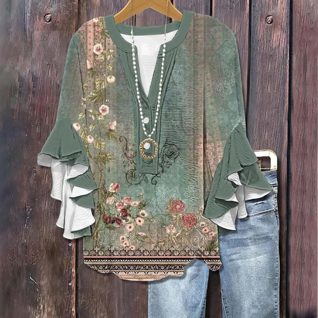 Modă Femei Casual Buton Gât V Mânecă Șapte Bluză Top Imprimeu Vintage