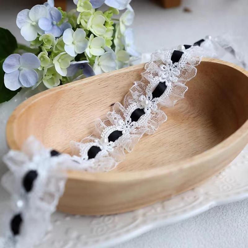 1Yard Lolita Pleated Lace Lvory Bead Ruffled Lace Fabric Edging Satin Ribbon Diy Clothing Curtain Furniture Decoration Accessory