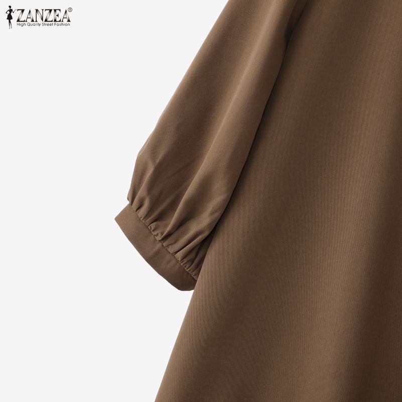 ZANZEA Women Casual Turn Down Collar Solid Color 3/4 Sleeve Loose Dress