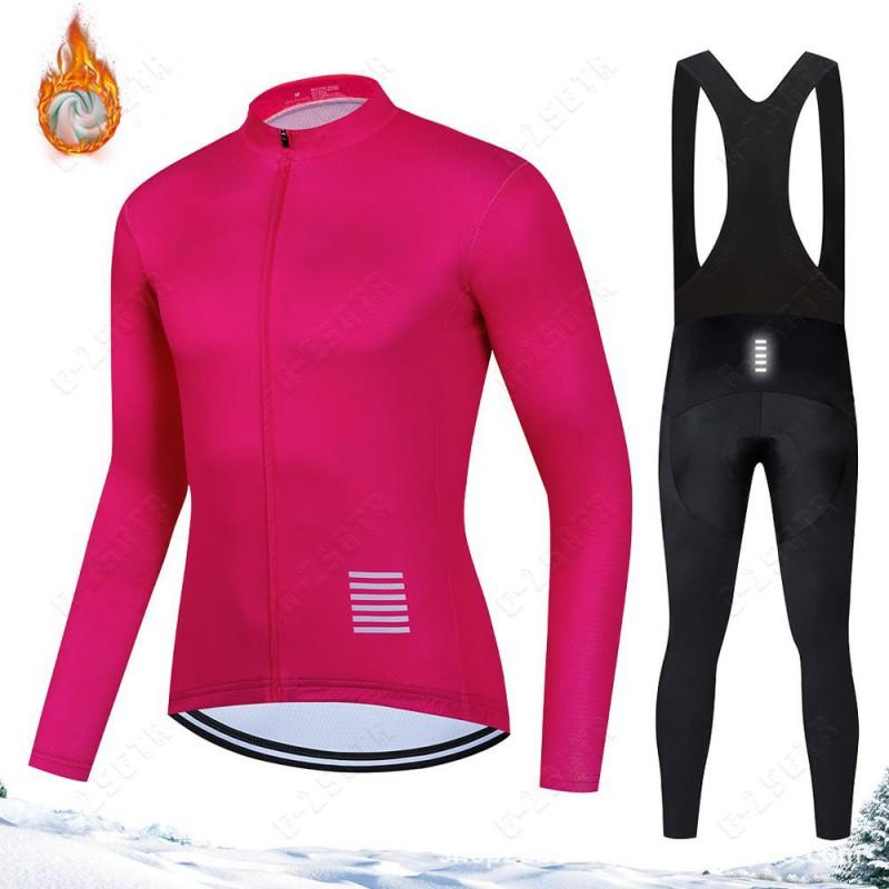 Long Sleeve Cycling Jersey Set Quick Dry Unisex Bib Pants Fleece Lined Outdoor Bike Team Wear