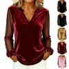 Damen Modisches Und Lässiges V-Ausschnitt Mesh Gold Samt Patchwork Langarm T-Shirt Top