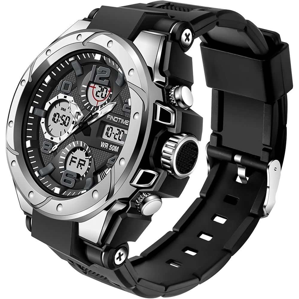 Findtime Digital Men s Watch Waterproof Military Dual Time Stopwatch Alarm LED Black Silver