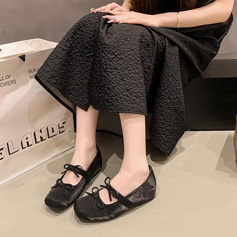 Women's Ballet Shoes Square Toe Flat Butterfly-knot Increased Internal One Kick Single Shoes Fashion All-match Mary Jane Shoes