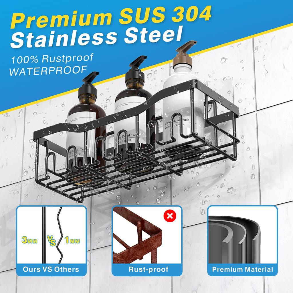 Punch-free Bathroom Rack, Wall-mounted Shampoo Storage Rack, Rust-proof Stainless Steel Bathroom Organization Accessories