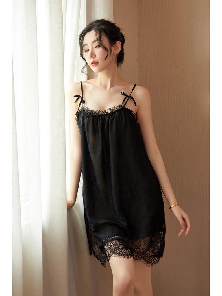 Camisón de encaje de tirantes de verano para mujer - Lencería y pijamas sexys con atadura