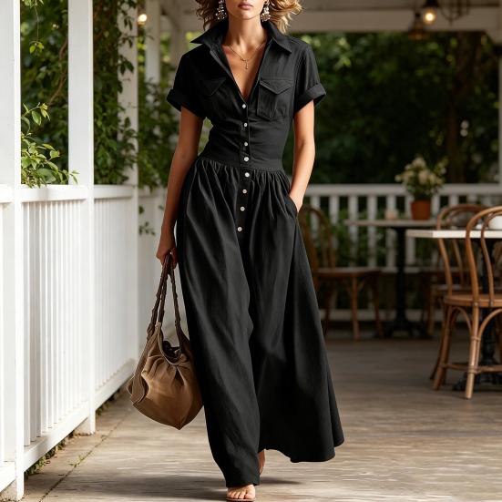 Women Casual Button Down Shirt Dress, Short Sleeve Long Western Cowgirl Dress, Summer Flowy A-Line Maxi Dress with Pockets
