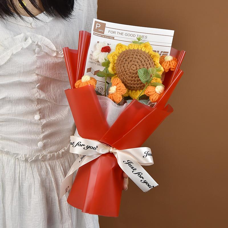 Hand-Knitted Sunflower & Rose Bouquet - with LED Lights & Gift Bag Thanksgiving Gift