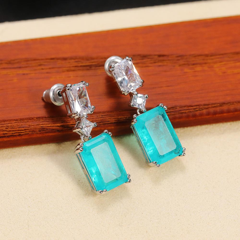 Cao Shi Geometric Square Zircon & Paraiba Sapphire Earrings