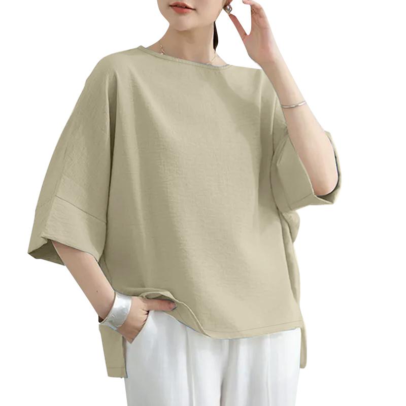 ZANZEA Women Casual Round Neck 3/4 Sleeve Solid Color Loose Blouse