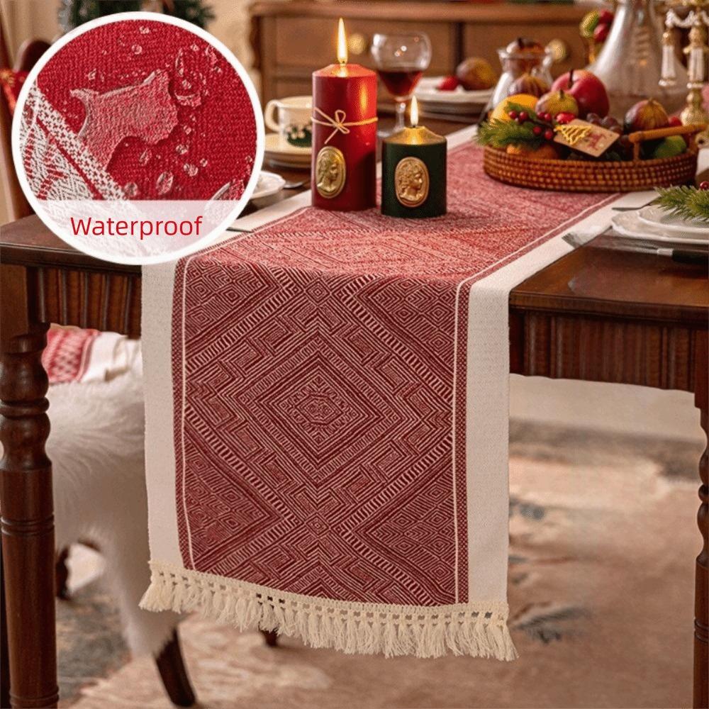 Polyester Christmas Table Runner Cartoon Pattern Santa Claus Pattern Table Flag Multi-Color Tassel Snowflake Pattern