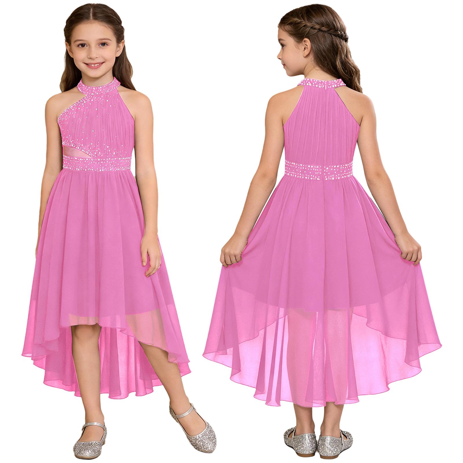 

Сукня для дівчинки-квітоноски з стразами, весільна, на день народження, тюлева сукня, без рукавів, зі збіркою на ліфі, сітчаста талія, спідниця високої-низької довжини, шифонова сукня 5-6 Years рожевий