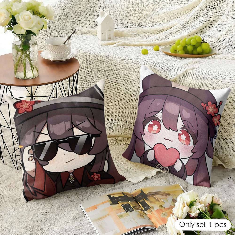 Hu Tao cute Genshin Impact Cushion Cover Natural Linen Organic Fabric DoubleSided Printing Sofa Home Decor Gift Pillow Case