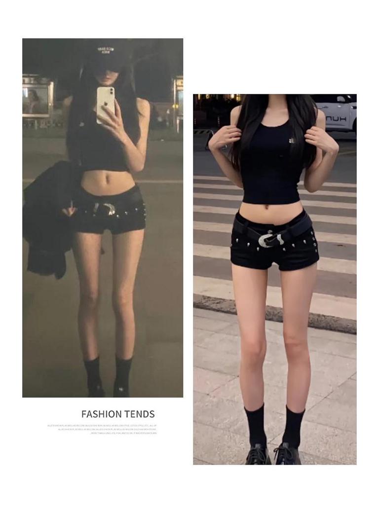 Women's Low-Waist Black Denim Rivet Shorts - 2026 Summer A-Line Trend