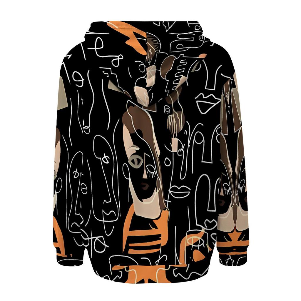 European & American Women's Casual Printed Black Hooded Sweatshirt with Patch Pocket - Drawstring MH612