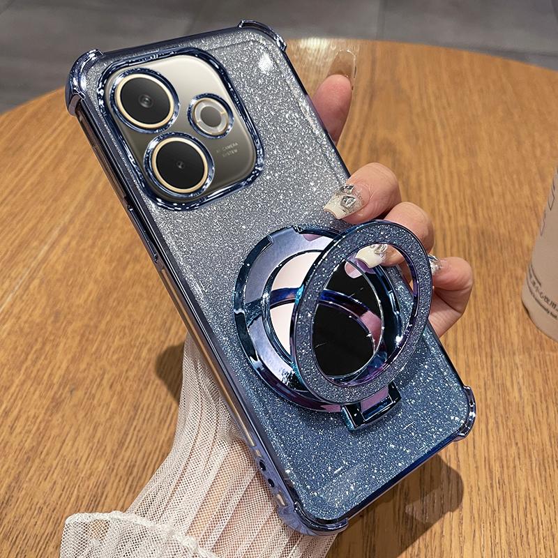 

For VIVO V60 Lite Plating Glitter Mirror Holder Silicone Four Corners Shockproof Case for VIVO V60Lite Magnetic Ring Stand Cover For VIVO V60 Lite