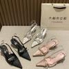 2025 new French elegant fairy gentle bow pointed sandals thin heel empty bag head buckle with high heels